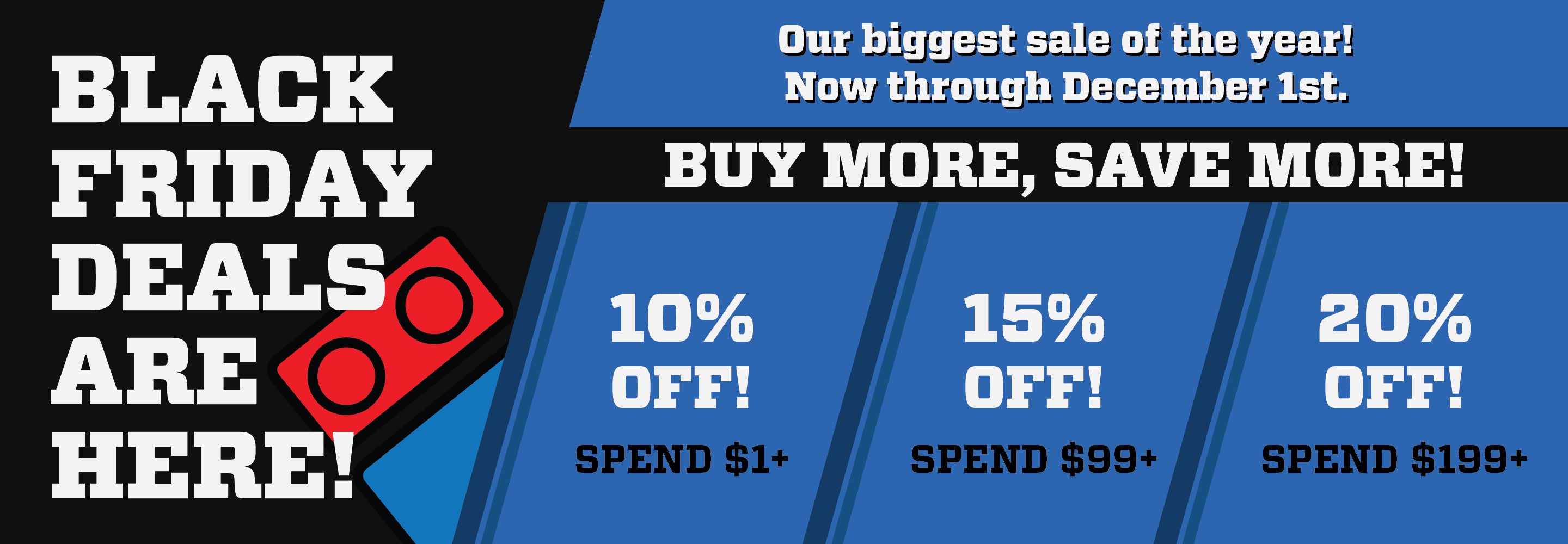Black Friday sale advertisement with discounts and promotional text on a blue and black background.
