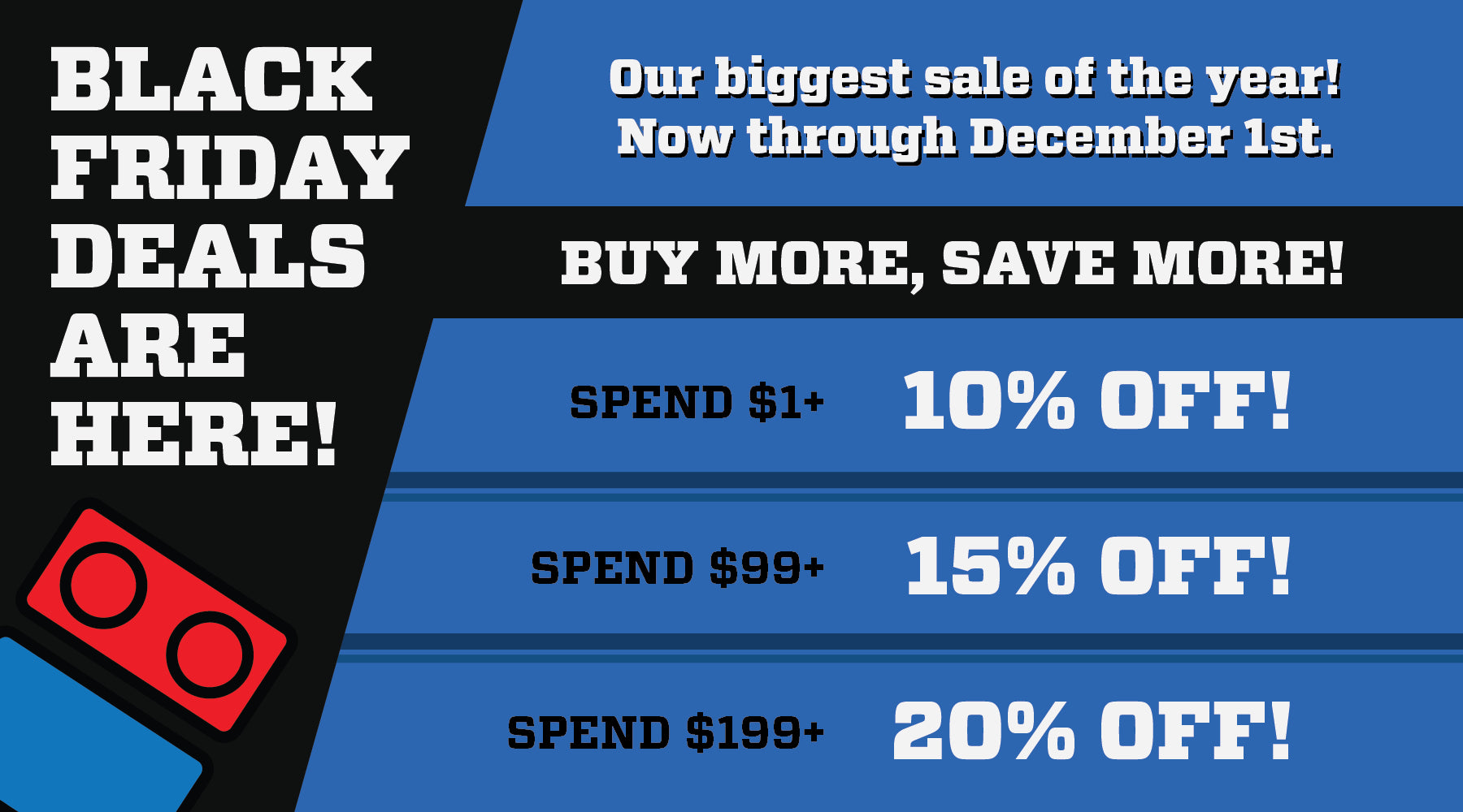 Black Friday sale advertisement with discounts on a blue and black background