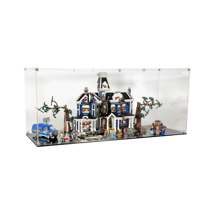 And angled view of the LEGO Creel House, set in a a clear acrylic display case with no background.