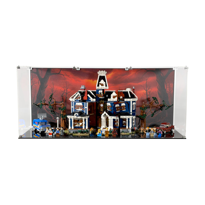 The distressed version of the LEGO Creel House is set in a display case with an red and ominous Upside Down background.