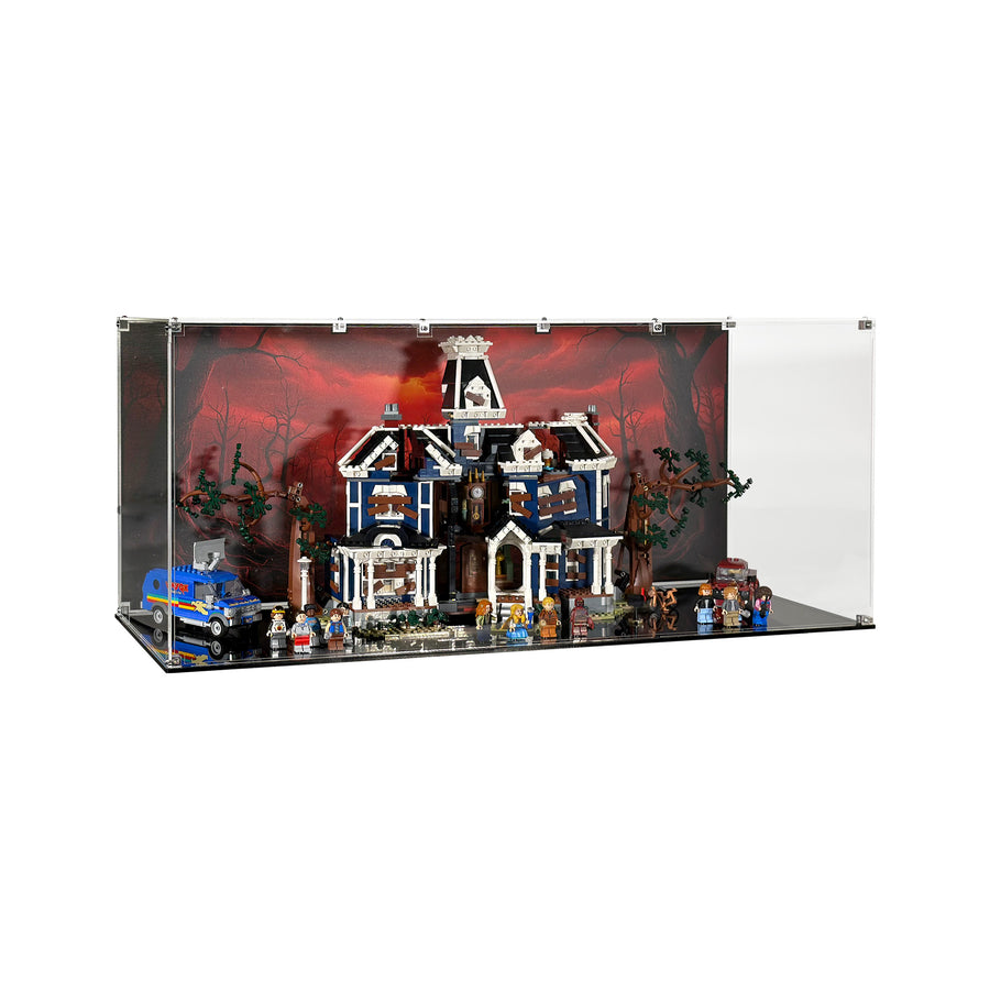 A angled view of the LEGO Creel House set in a clear acrylic display case with an red and ominous Upside Down background.